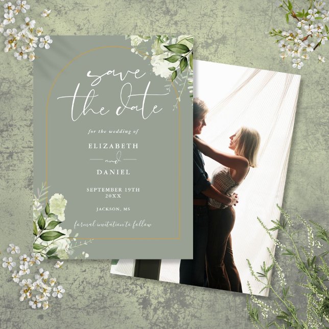 Greenery Guld Arch Photo Sage Grönt Bröllop Spara Datumet (Greenery Gold Arch Photo Sage Green Wedding Save The Date)