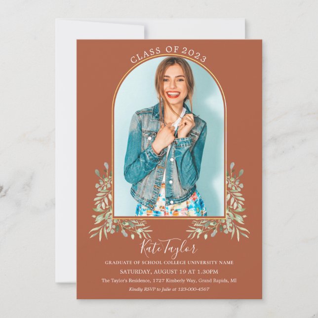 Greenery Guld Arch Terracotta Photo Studenten Inv Inbjudningar (Framsida)