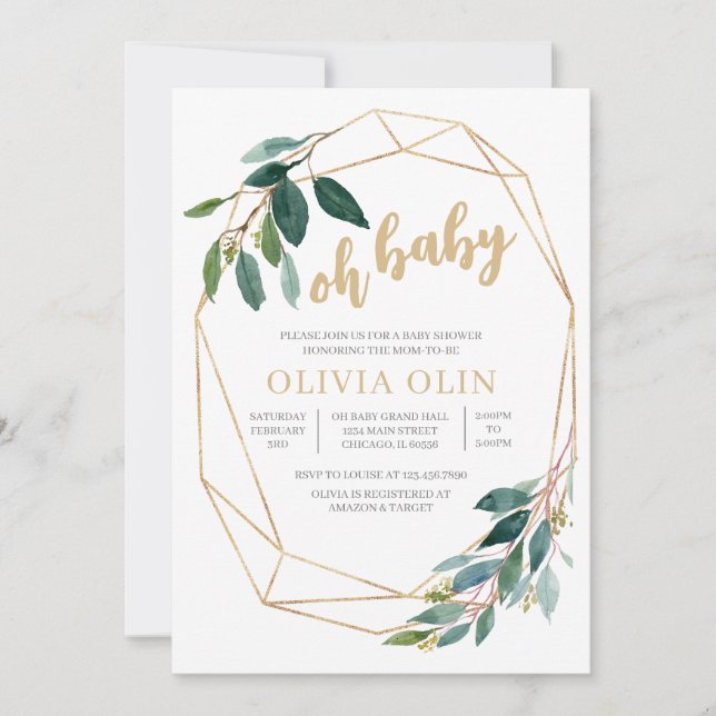 Greenery Guld Baby Shower Inbjudningar (Framsida)