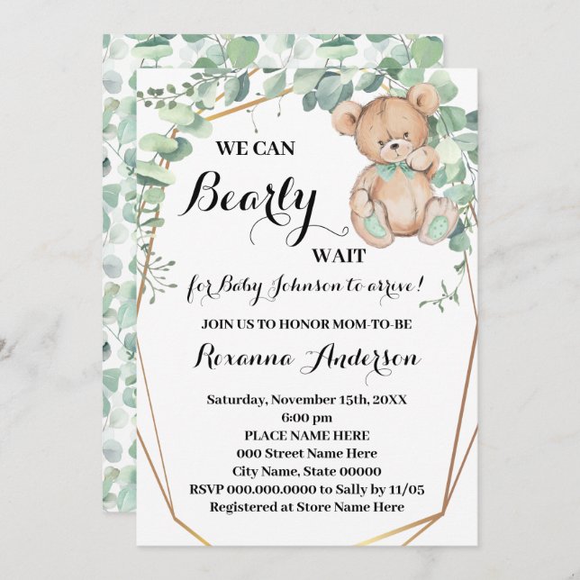 Greenery Guld Bear Baby Shower Barly wait Baby Inbjudningar (Fram/baksida)