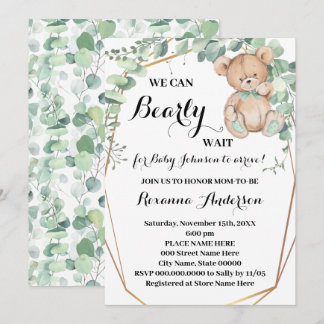 Greenery Guld Bear Baby Shower Barly wait Baby Inbjudningar