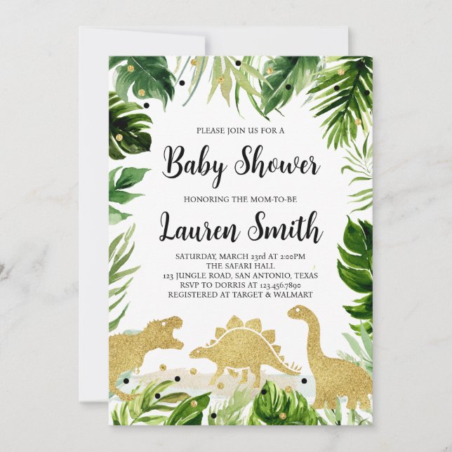 Greenery Guld Dinosaur Baby Shower Inbjudningar (Framsida)