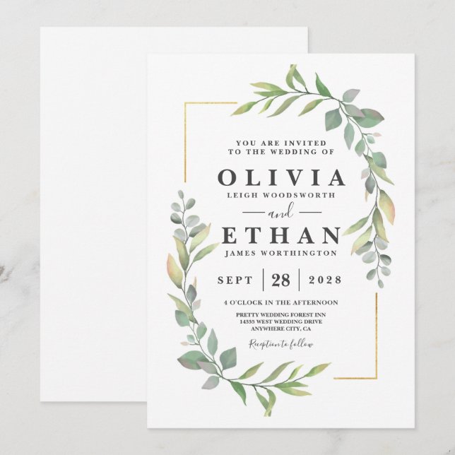 Greenery Guld Elegant Watercolor Boho Löv Bröllop Inbjudningar (Fram/baksida)