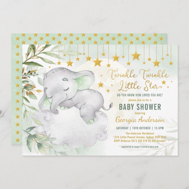 Greenery Guld Elephant Måne Stars Baby Shower Inbjudningar (Fram/baksida)