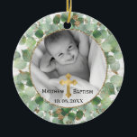 Greenery Guld Eucalyptus Baby Baptism Photo Julgransprydnad Keramik<br><div class="desc">Greenery Guld Eucalyptus Baby Christening och Baptism Ornament med dubbla foto med runda eucalyptus foliage wandeand ram med lite guld touch. Anpassa ditt eget 2-vågrät eller kvadratiskt foto. Underbar gåva till din familj och dina vänner för julhelg.</div>