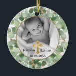 Greenery Guld Eucalyptus Baby Baptism Photo Julgransprydnad Keramik<br><div class="desc">Greenery Guld Eucalyptus Baby Christening och Baptism Ornament med dubbla foto med runda eucalyptus foliage wandeand ram med lite guld touch. Anpassa ditt eget 2-vågrät eller kvadratiskt foto. Underbar gåva till din familj och dina vänner för julhelg.</div>