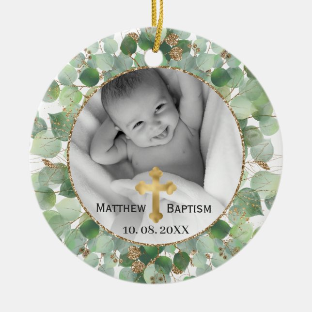 Greenery Guld Eucalyptus Baby Baptism Photo Julgransprydnad Keramik (Framsidan)