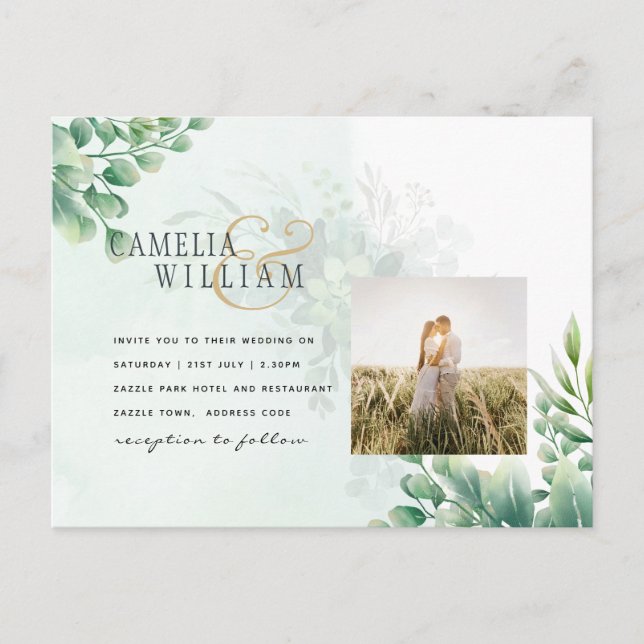 Greenery Guld Eucalyptus BRÖLLOP QR CODE Modern Vykort (Framsida)