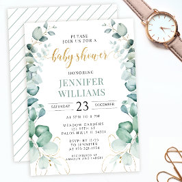 Greenery guld eucalyptus-inbjudan till babydusch inbjudningar