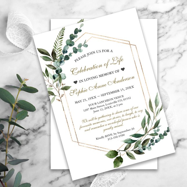 Greenery Guld Firande i Life Funeral Memorial Inbjudningar (celebration of life funeral memorial elegant greenery invitation)