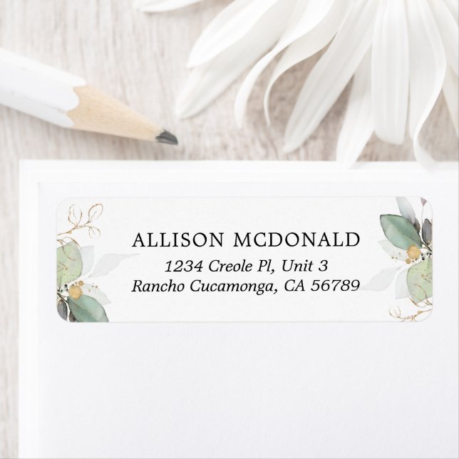 Greenery Guld Foliage Eucalyptus Label Returadress Etikett (Insitu)