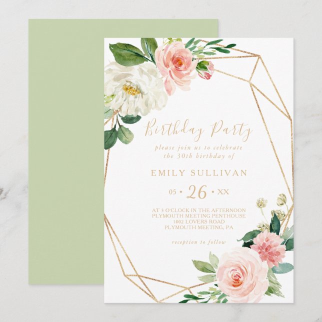 Greenery & Guld Geometric 30års födelsedag Party Inbjudningar (Fram/baksida)