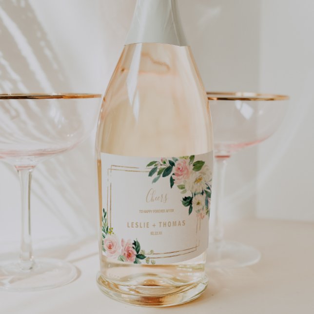 Greenery & Guld Geometric Bröllop Sparkling Vin L (Skapare uppladdad)