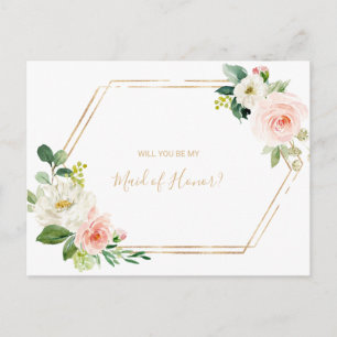 Greenery & Guld Geometric Elegant Maid of honor Inbjudan Vykort