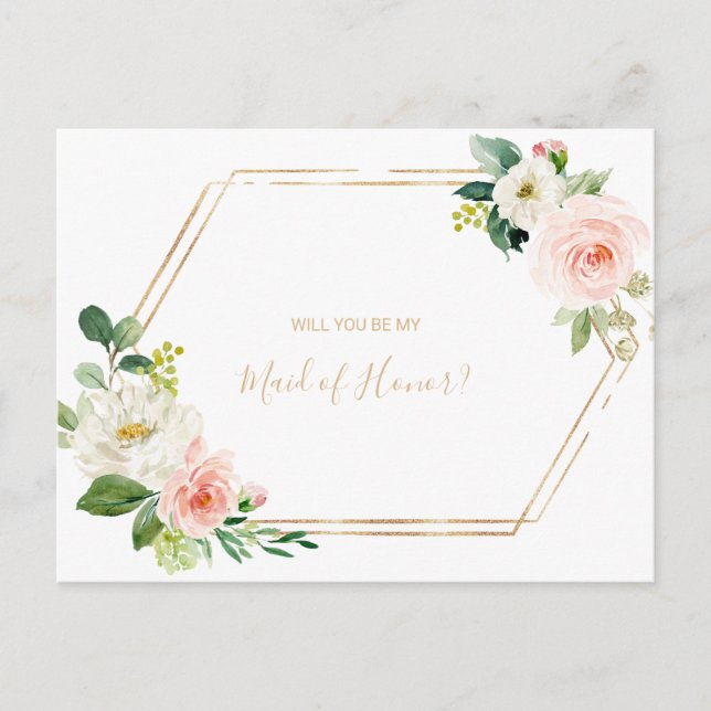 Greenery & Guld Geometric Elegant Maid of honor Inbjudan Vykort (Framsida)