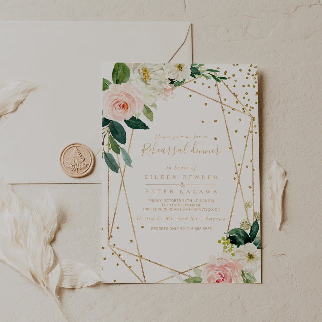 Greenery & Guld Geometric Elegant Rehearsal Middag Inbjudningar (Skapare uppladdad)
