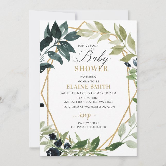 Greenery Guld Geometric Gender Neutral Baby Shower Inbjudningar (Framsida)