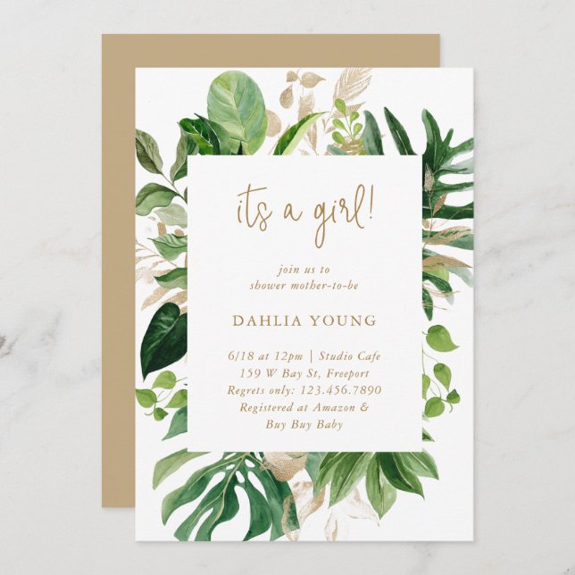 Greenery Guld Geometric Girl Tropical Baby Shower Inbjudningar (Fram/baksida)