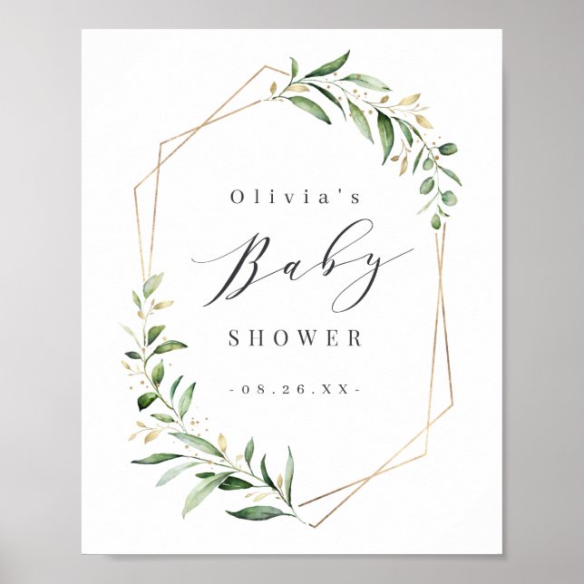 Greenery Guld Geometric Rustic Baby Shower Poster (Framsidan)