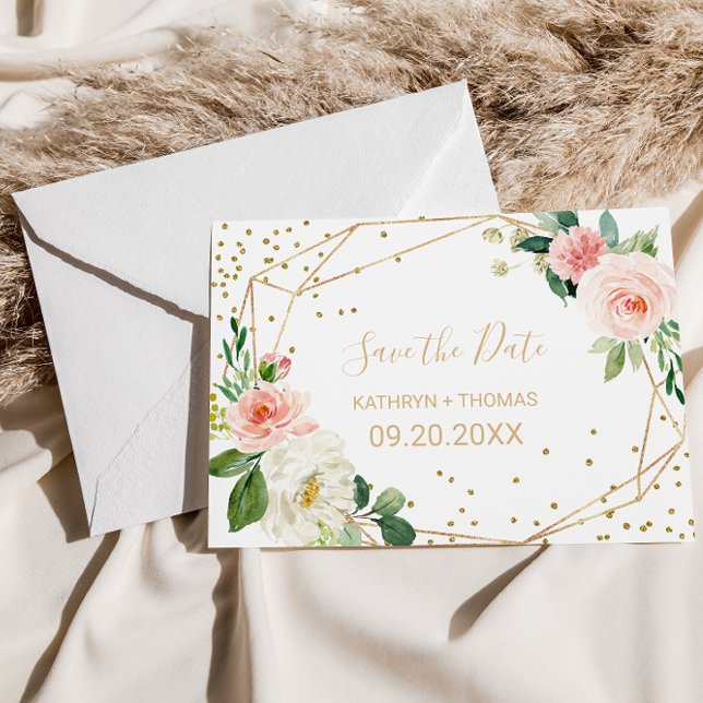 Greenery & Guld Geometric Save Date Card Vykort (Skapare uppladdad)