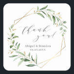 Greenery Guld Geometric Tack Rustic Bröllop Fyrkantigt Klistermärke<br><div class="desc">Rustik vattenfärg,  botaniskt bladgrönt med faux guld foil löv och geometriskt ram,  och trendig tack för manuset,  enkelt och elegant,  underbar för sommarlotsbröllop i bröllop,  vår. Visa alla matchande delar i samlingen</div>