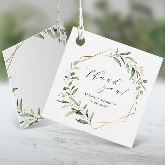 Greenery Guld Geometric Tack Rustic Bröllop Gåvor Etiketter (Greenery Gold Geometric Thank You Rustic Wedding Favor Tags)