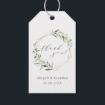 Greenery Guld Geometric Tack Rustic Bröllop Presentetikett<br><div class="desc">Rustik vattenfärg,  botaniskt bladgrönt med faux guld foil löv och geometriskt ram,  och trendig tack för manuset,  enkelt och elegant,  underbar för sommarlotsbröllop i bröllop,  vår. Visa alla matchande delar i samlingen</div>