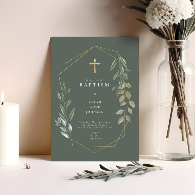 Greenery & Guld Geometric Terrarium Baby Baptism Inbjudningar (Greenery & Gold Geometric Terrarium Baby Baptism Invitation)
