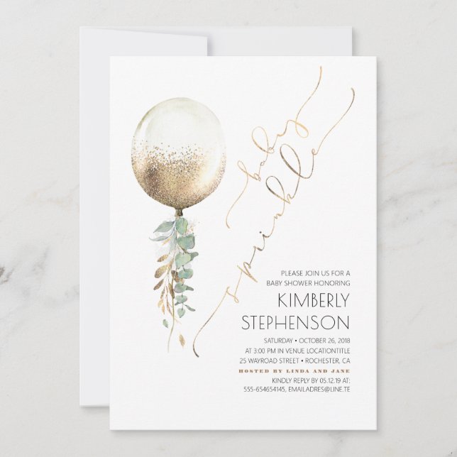 Greenery Guld Glitter Balloon Baby Sprinkle Inbjudningar (Framsida)