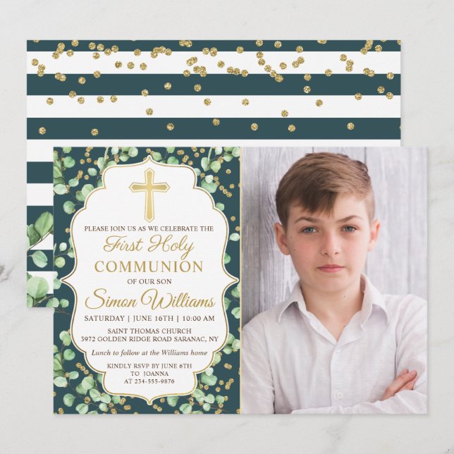 Greenery Guld Glitter Första Heligan Kommunision Inbjudningar (Fram/baksida)