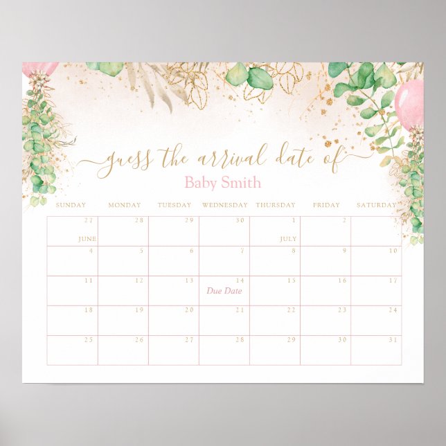 Greenery Guld Glitter Gissa Babyns Ankomst Datum  Poster (Framsidan)