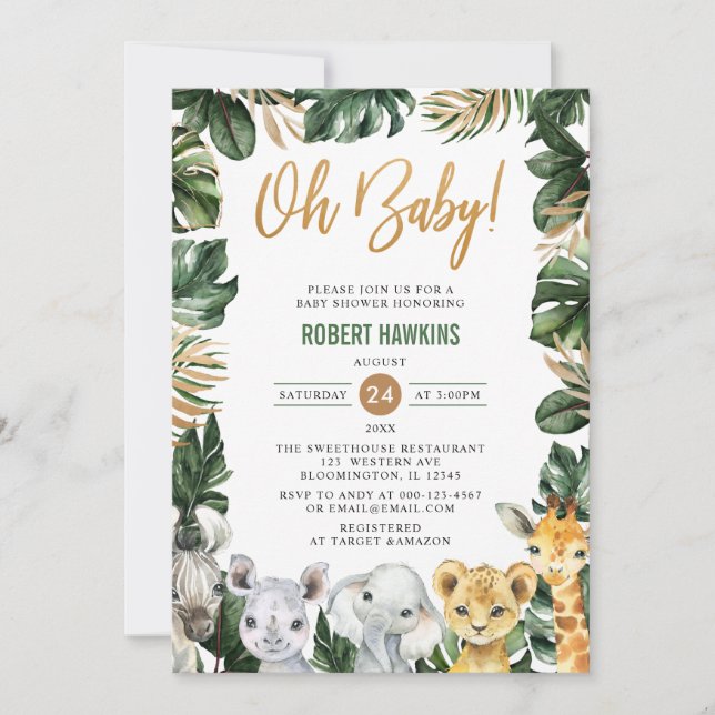Greenery Guld Jungle Animals Safari Oh Baby Shower Inbjudningar (Framsida)