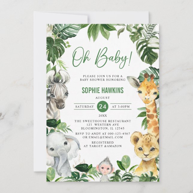 Greenery Guld Jungle Animals Safari Oh Baby Shower Inbjudningar (Framsida)