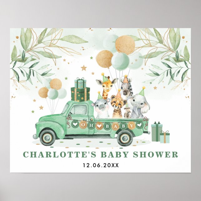 Greenery Guld Jungle Safari Animals Baby Shower Si Poster (Framsidan)