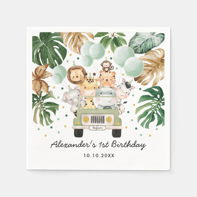 Greenery Guld Jungle Safari Animals Vild Födelseda Pappersservett (Framsidan)