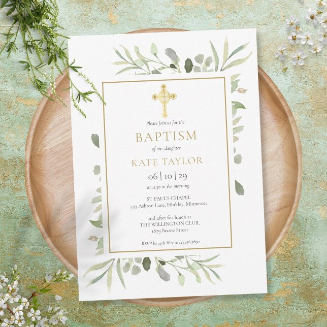 Greenery Guld Kor Baptism Christening Inbjudningar (Skapare uppladdad)