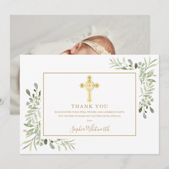 Greenery Guld Kor Baptism Christening Photo Tack Kort (Fram/baksida)