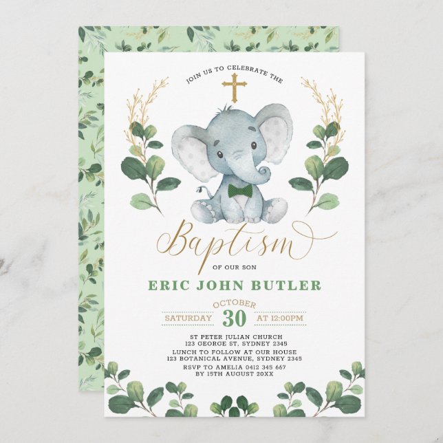 Greenery Guld Little Man Elephant Bowtie Baptism Inbjudningar (Fram/baksida)