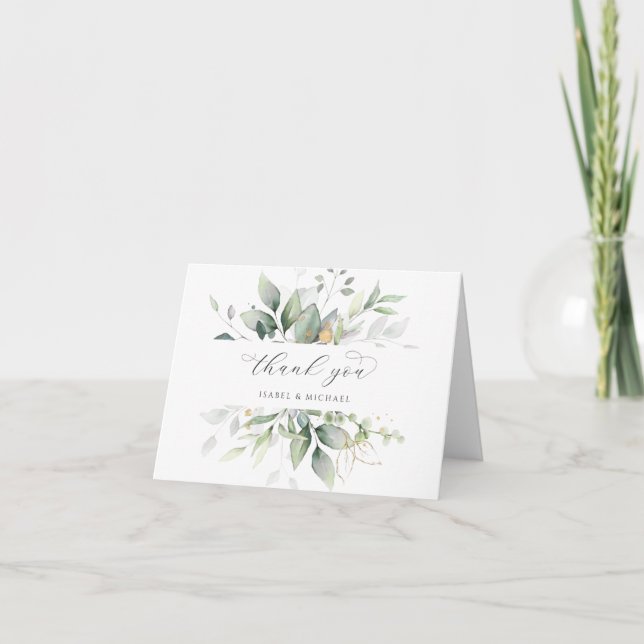 Greenery Guld Löv Watercolor Foliage Modern Tack Kort (Framsida)