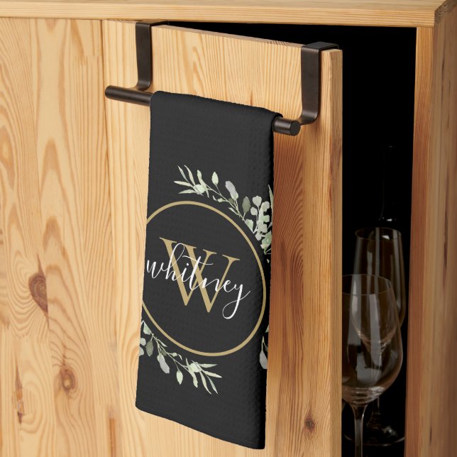 Greenery Guld Monogram Chic Script Black Kökshandduk (Thirds Fold)