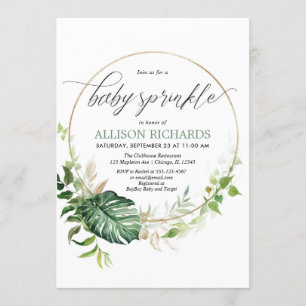 Greenery guld monstera tropiska baby sprinkle inbjudningar