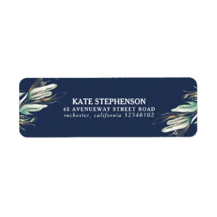 Greenery Guld Navy Blue Modern Returadress Etikett