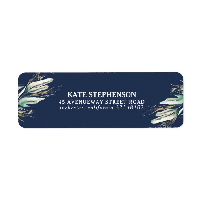 Greenery Guld Navy Blue Modern Returadress Etikett (Framsidan)
