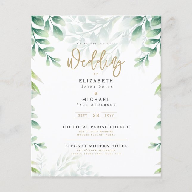 Greenery Guld PHOTO Wedding BUDGET Flygblad (Framsidan)