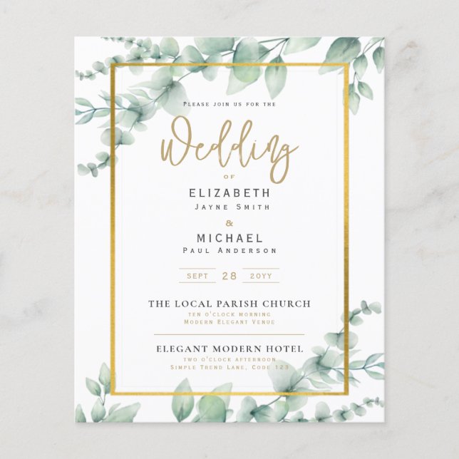 Greenery Guld PHOTO Wedding BUDGET Flygblad (Framsidan)