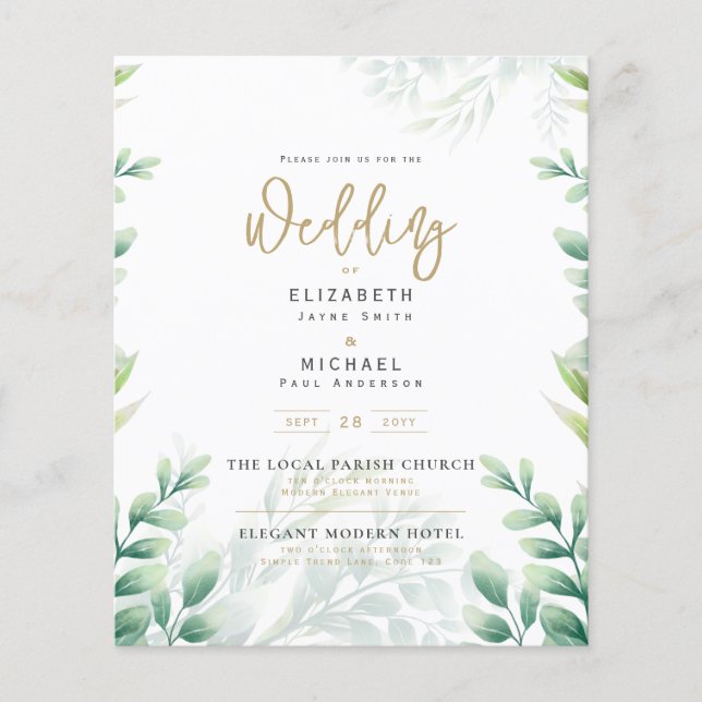 Greenery Guld PHOTO Wedding BUDGET Flygblad (Framsidan)