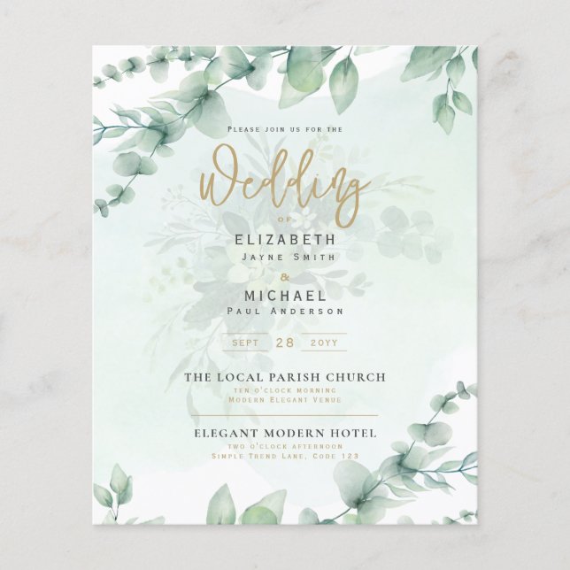 Greenery Guld PHOTO Wedding BUDGET Flygblad (Framsidan)