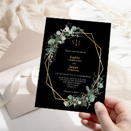 Greenery Guld Ram Simple Black Monogram Bröllop Inbjudningar