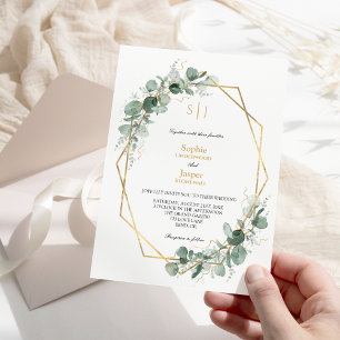 Greenery Guld Ram Simple Monogram Bröllop Inbjudningar
