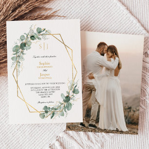Greenery Guld Ram Simple Monogram Photo Bröllop Inbjudningar
